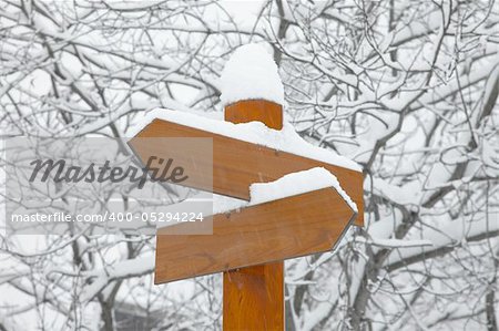 Blank direction signs in falling snow