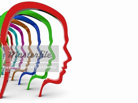 abstract 3d illustration of colrful head silhouettes over white background