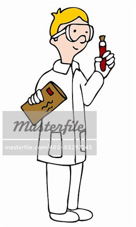 An image of a lab technician looking at a vial of blood sample.