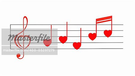 Red treble clef with notes stylized for Valentines isolated on white