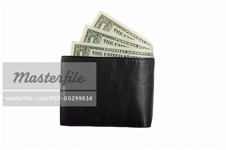 black leather wallet with bills inside isolated on white background