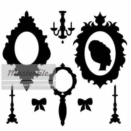 Set of baroque silhouettes. Mirror, frames, chandelier, candlestick