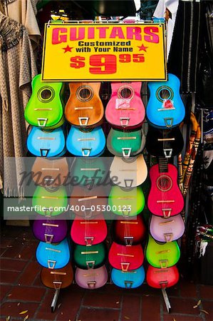 Color display of guitars on sale at Olvera Street flea market
