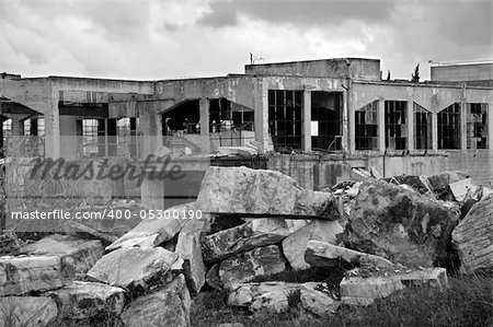 Old marble processing factory. Black and white.