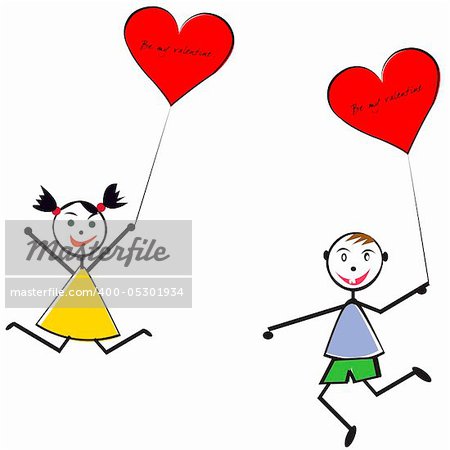 Boy and girl with heart baloons, Valentine's Day greeting card