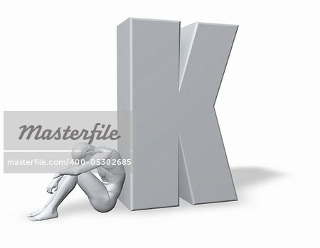 sitting man leans on uppercase letter k - 3d illustration