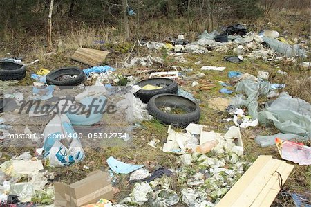 wild refuse heap left near the road throws litter about