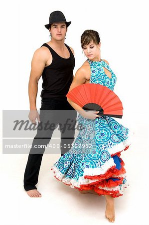 young dancing couple posing wearing black red and blue clothing and female holding a red open Chinese fan