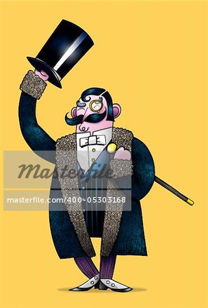 Cartoon style illustration of a polite Victorian gentleman raising his hat in greeting. Includes clipping path to separate the figure from the background.