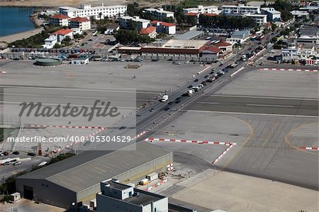 The runway of Gibraltar airport can be seen It forms the frontier between the British colony and Spain