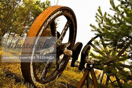 Old wooden wheel standing with grass & trees background