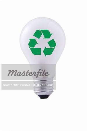 light bulb and green recycling sign on white background