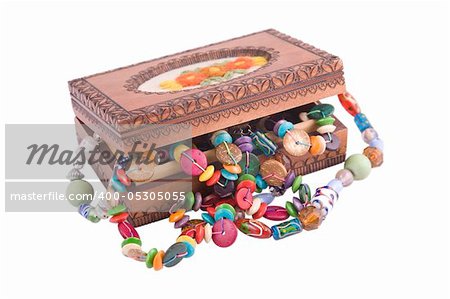 wooden box with fashion beads on white background