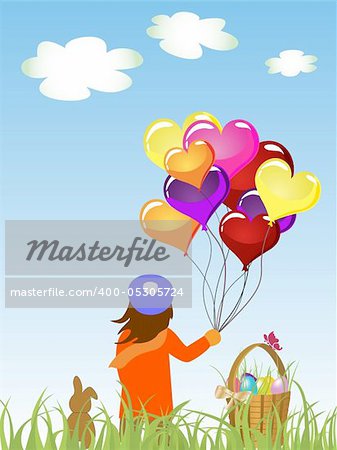 vector eps 10 illustration of a boy with heart balloons in his hand and a bunny standing on a green meadow