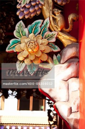 Wood Carving flower decoration inside the temple.