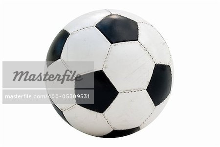 Soccer-ball isolated on white background. Low contrast, a wide range of tones. Visible on the worn leather texture coating