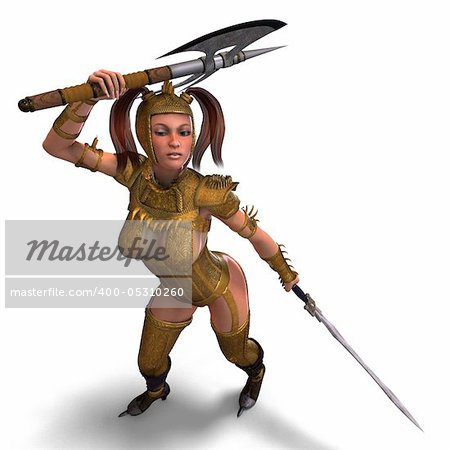 attractive female knight act as a guard. 3D rendering with clipping path and shadow over white