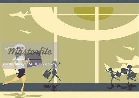 Travel and airport shopping, beautiful woman runs from airport duty free - delay. One of cartoon series fashion illustrations,Waiting for the flight poster, card, background