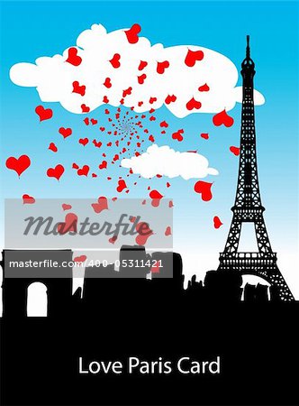 Love Paris vector retro vintage style ad poster card with heart background