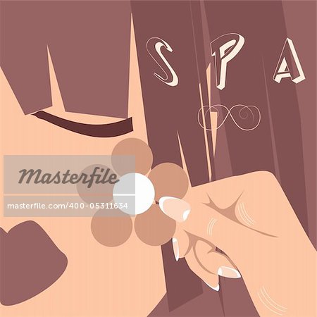 Vector woman face, eyes, lips, hair. Spa flower logo in female hand, icon, emblem, button
