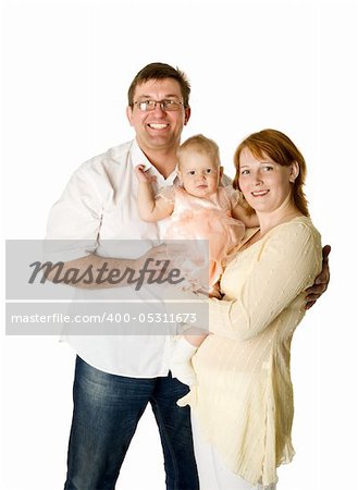 Happy Family of mother father and one year baby isolated