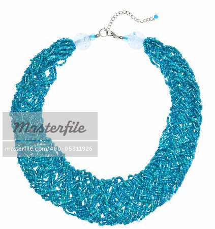 Teal Woven Bead Necklace Isolated on White.