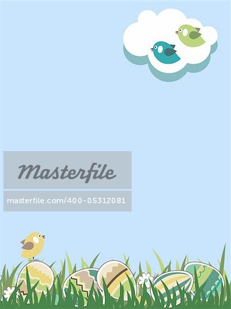 Spring easter landscape with eggs and bird. Grass is seamless.