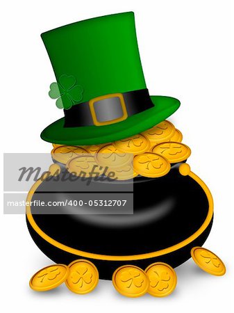 Saint Patricks Day Leprechaun Hat on Pot of Gold Coins Illustration
