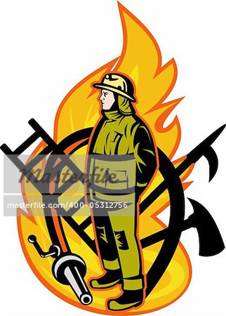 illustration of a Firefighter with axe ladder, spear, hook and fire hose.