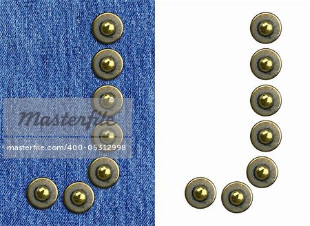 Jeans rivet alphabet letter J. On jeans background and isolated.