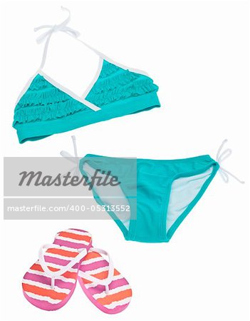 Summer Bikini Concept with Bikini and Flip Flop Sandals Isolated on White with a Clipping Path.