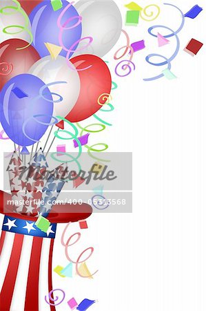 Uncle Sam Hat with Red White Blue Fireworks and Balloons Illustration