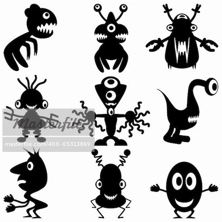 Illustration of silhouettes of monsters on a white background.