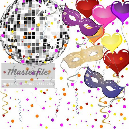 vector 10 eps illustration of mask and heart balloons on a silver mirror ball