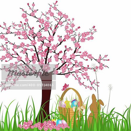vector 10 eps illustration of a easter bunny and a basket under a cherry tree