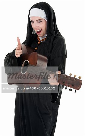 Nun pretending to shoot through her index finger