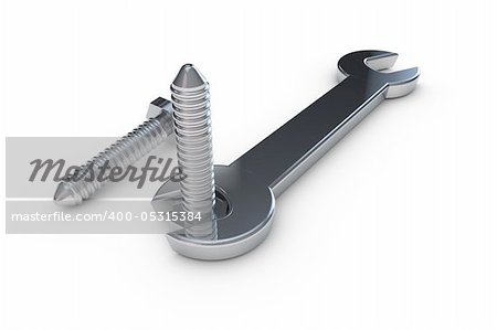 Wrench with screws on white background