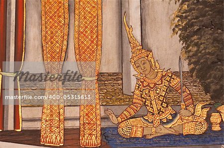 Draw pattern of Thai literature Thai temple wall.