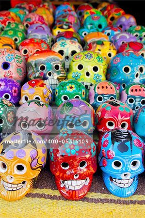 Aztec skulls Mexican Day of the Dead colorful handcrafts