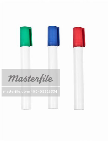 Three highlighter marker pens, isolated on white background