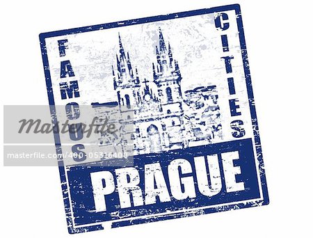 Grunge rubber stamp with the old town square shape and the word Prague written inside