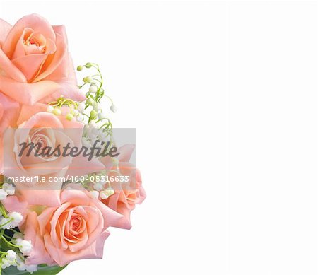 Pink roses bouquet over white background