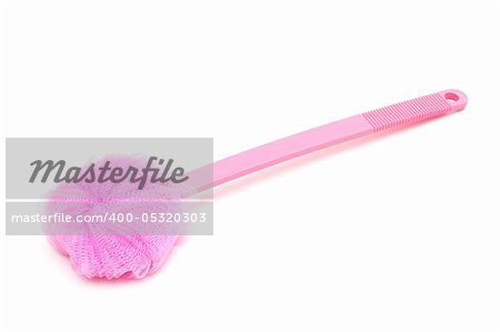 beautiful pink bath sponge on white background