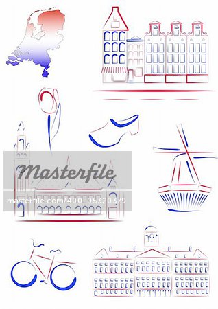 Set of vector drawn stylized sights and symbols of Netherlands