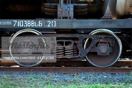 rusty train wheels on rails. close-up