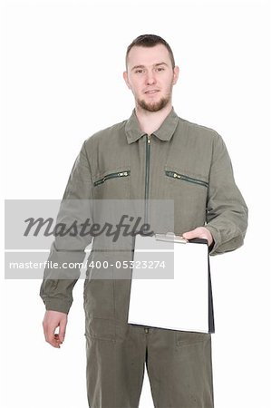 young adult worker over white background