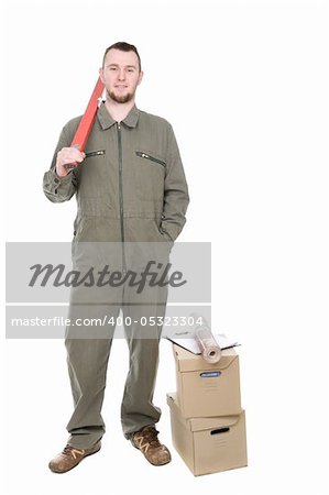 young adult worker over white background