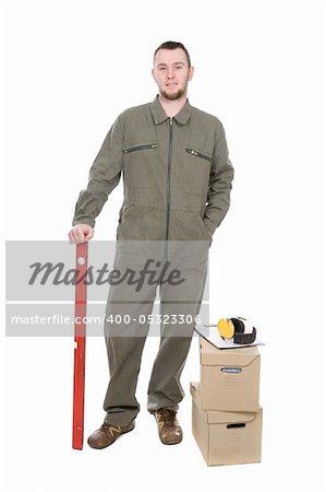 young adult worker over white background