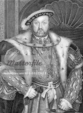 Henry VIII (1491-1547) on engraving from 1838.  King of England during 1509-1547. Engraved by W.T.Fry after a painting by Holbein.