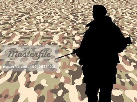 Illustration of a soldier on a perspective camouflage background